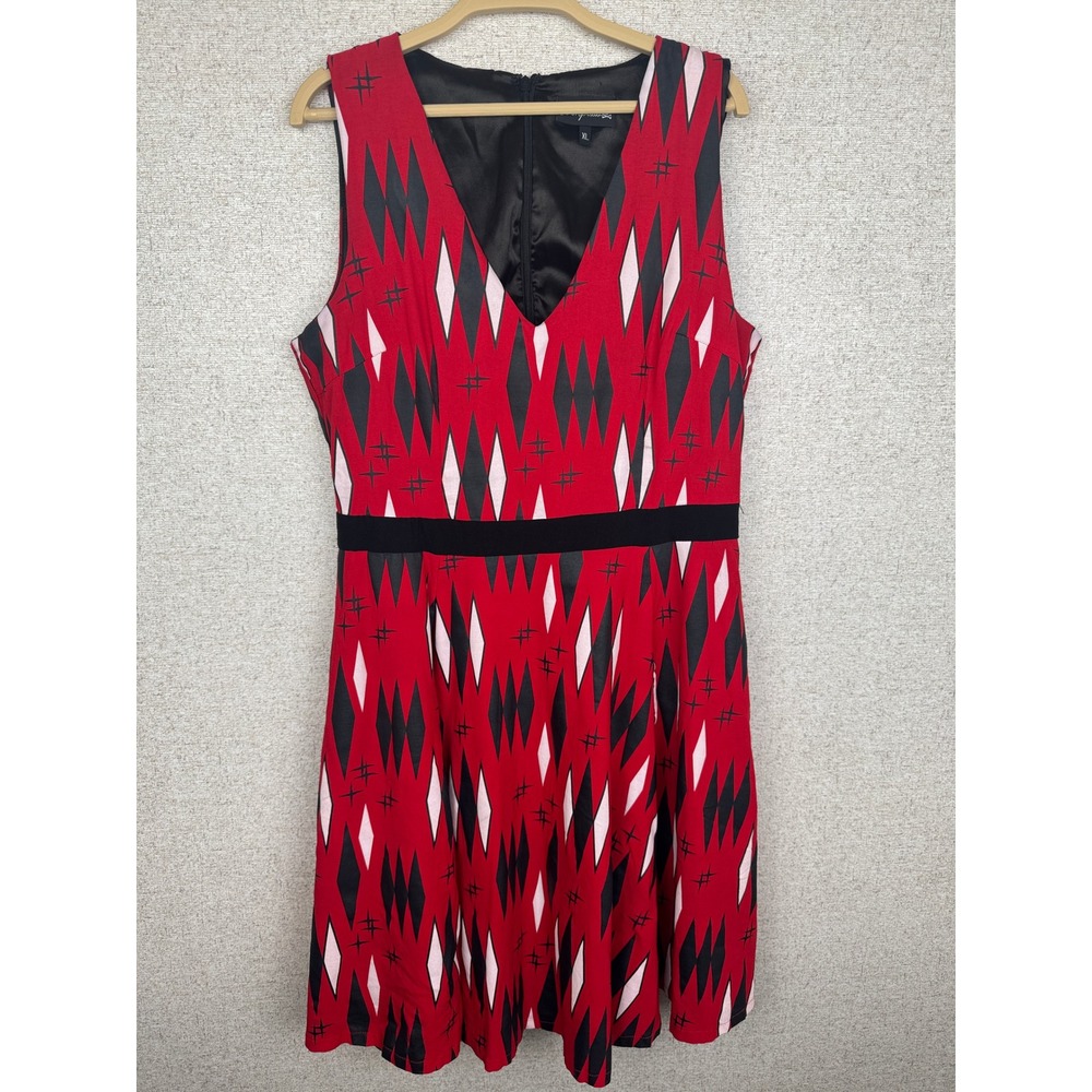 Sourpuss Red Atomic Diamond Rockabilly Fit Flare V Neck Dress Pinup Size XL
